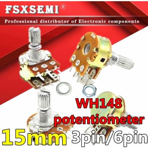 2pcs WH148 3pin 6pin 15mm B1K B2K B5K B10K B20K B50K B100K B250K B500K B1M Potentiometer 1K 2K 5K 10K 20K 50K 100K 250K 500K 1M