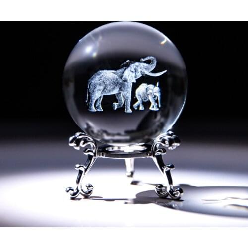 H&D 3D Laser Carving Elephant Crystal 60mm Ball Crystal Paperweight Figurine Fengshui Home Art Decor Crafts(Mother and Child)