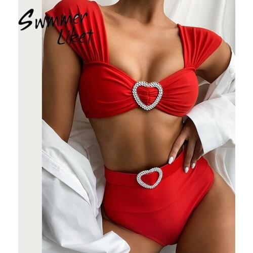 Bandeau bikini 2020 High waist swimsuit women Diamond swimwear Short sleeves bathing suit Fold swim suit female beach wear new