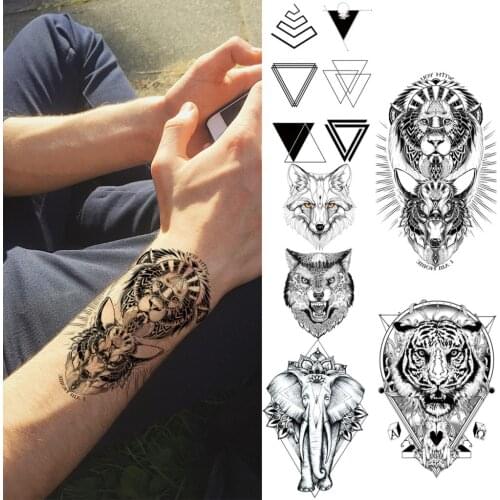 Black Egypt Ancient Tiger Wrist Temporary Tattoos For Men Women Geometric Elephant Fox Wolf Fake Tattoo Body Art Washable Tatoos