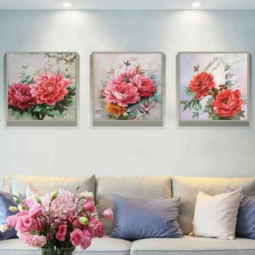 EECAMAIL DIY Wealthy Peony Flower Full Diamond Painting Embroidery No Frame European Triptych Home Decoration Painting