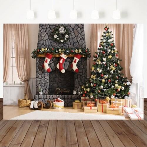 Christmas Tree Photography Background Brick Wall Fireplace Gift Socks Indoor Backdrop Decoration Props Banner For Photo Studio