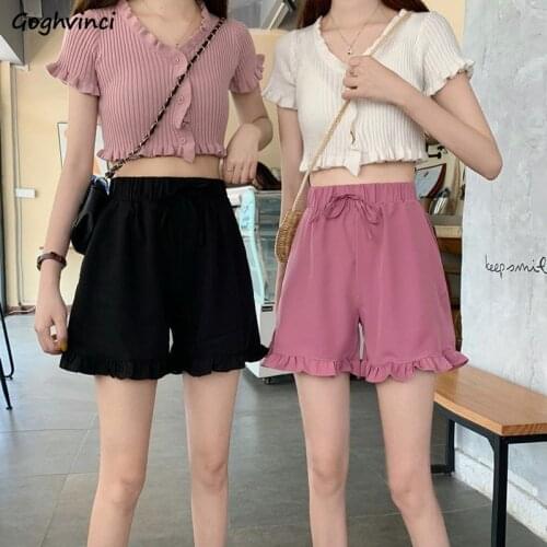 Summer Shorts Women Solid Ruffles Purple Rhodo Girls Sweet Lovely All-match Loose Wide Leg High Waist Plus Size S-4XL Elasticity