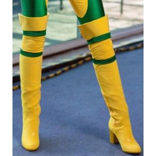 Fashion Bright Contrast Color Yellow Leather Green Patched Thigh Boots Med Heels Over knee Ladies Round toe Knight Botas Women
