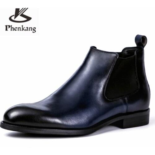 Men winter Boots Genuine cow leather chelsea boots brogue casual ankle flat shoes Comfortable quality slipon dress boots 2020