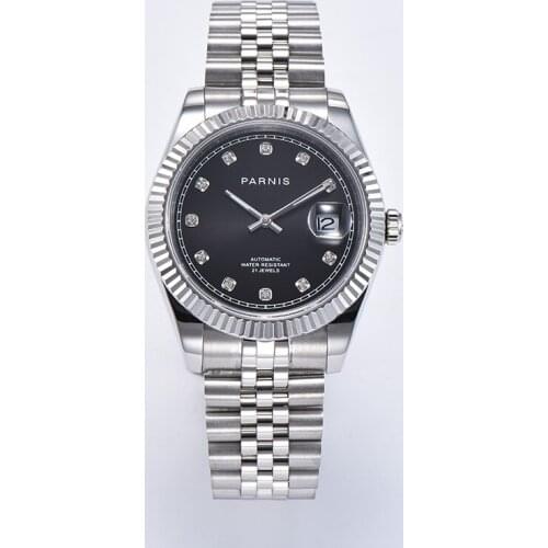 39mm parnis Black dial sapphire glass date automatic movement mens watch stainless steel Jubilee bracelet date display Luxruy