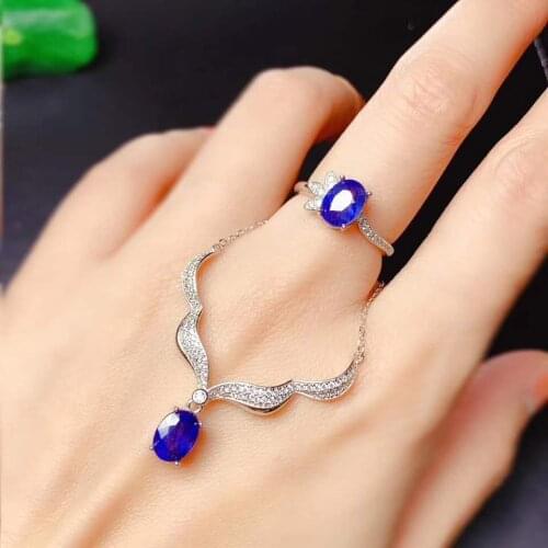 Real Natural Sapphire jewelry set Natural Real Sapphire 925 sterling silver 1pc pendant,1pc ring