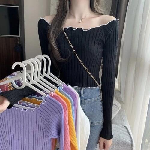 New knitting Tee Shirt Womens Sexy Long Sleeves Off Shoulder Ruffles Slim Crop Top T-Shirt