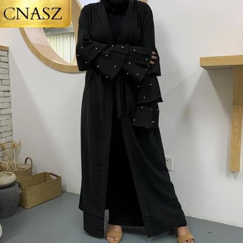 New Modest Fashion Simple Black Pearl Kimono Elegant Muslim Islamic Clothing Abaya In Dubai For Womens