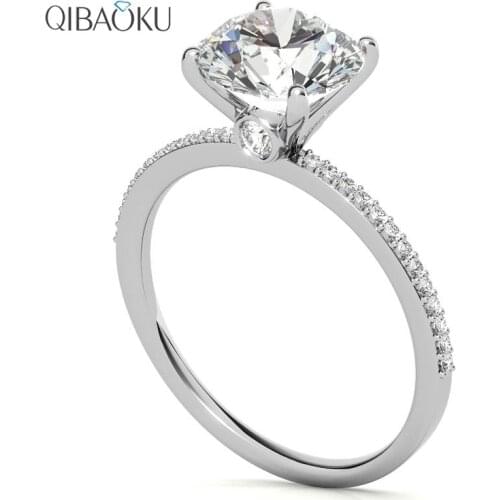 Solid 14k White Gold Three Stone Moissanite Engagement Ring for Women With Center Round Moissanite and Side Pear Shaped