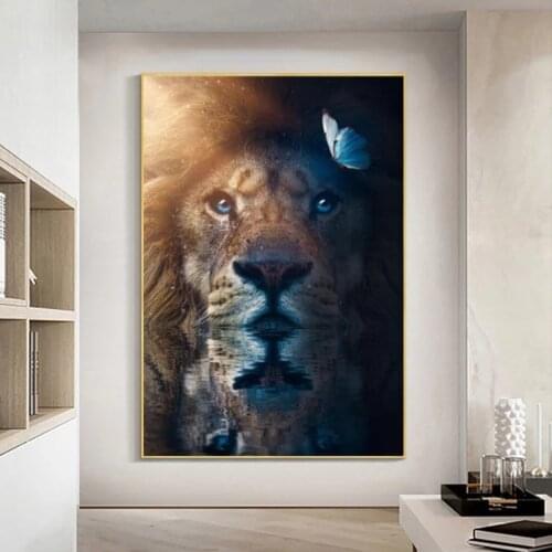 Lovely Lion whith Butterfly Animals Canvas Poster Wall Art Print Painting Nordic Style Decorative Picture Modern Home Room Decor