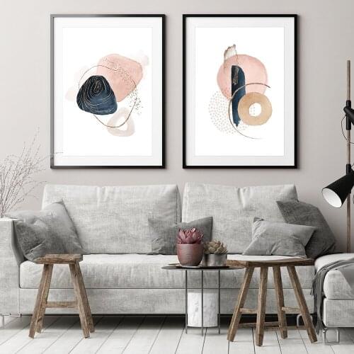 Blush Pink and Navy Print Poster Minimalist Abstract Wall Art Set Modern Art Painting Wall Pictures For Living Room Home Decor