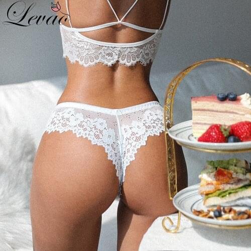 LEVAO Women Sexy Lace Lingerie Temptation Low-Waist Thong Panties Transparent Hollow Underwear Female Embroidery Floral G String