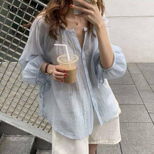 Summer New O-neck Lantern Long Sleeve Chiffon Blouse Super Thin Sun Protection Shirt Korean Loose Blouse Chemise Blusas 10349