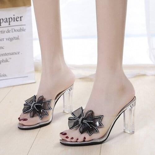 Summer Transparent High Heels Slides Woman Shoes Outside Butterfly-knot 2021 New Fashion All-match 8.5cm High Heels Sexy Solid