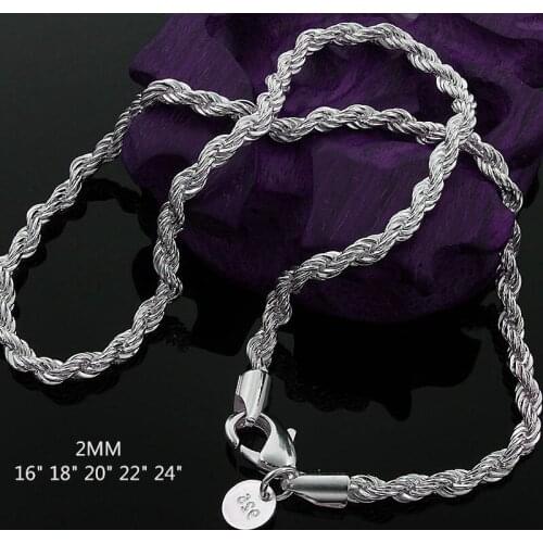Free shipping 16-24 inch Beautiful fashion Elegant silver plated Shine Twisted Line 2mm chain cute Rope Necklace pendant SMTN226