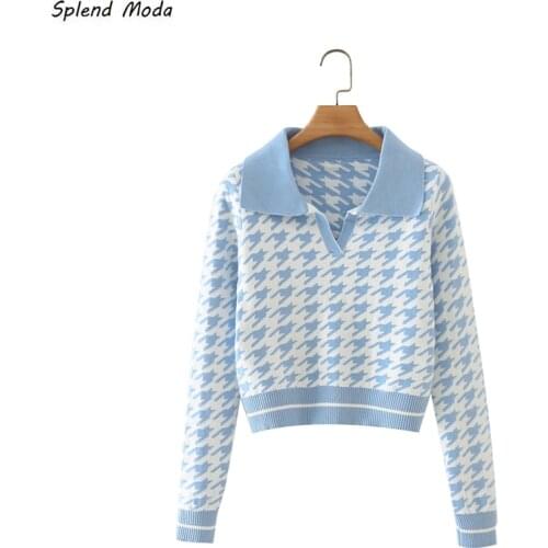 Vintage Houndstooth Sweater Women Autumn 2021 New Short Polo Collar Long Sleeve Sweater Women Short Sweater Hot Girl Fashion Top