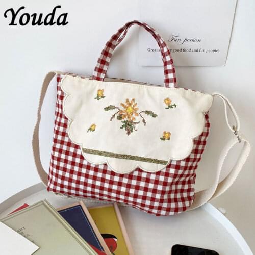 New Student Cotton Messenger Bag Girl Cute Embroidered Checkered Childrens Handbag womens Large-capacity Reusable Shopping Bag