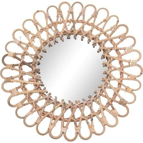 Rattan Mirror Hanging Wall-Mounted Makeup Nordic Round Dressing Bathroom Boho Primary Colors Wicker Circular Art Decoration