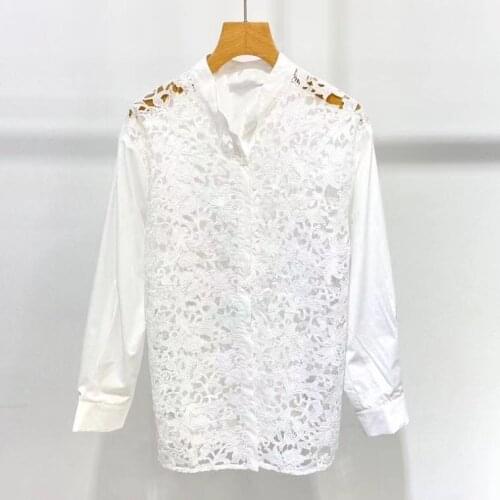 Womens Hollow out Lace Embroidery Blouse White Single Breasted Long Sleeve Vintage Shirt and Tops 2021 Autumn