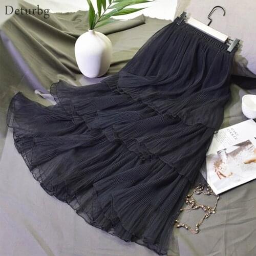 Womens Elegant Midi Long Tiered Skirt Female Korean Casual High Waist Kawaii Pleated Chic Black Tulle Skirts 2020 Spring SK281