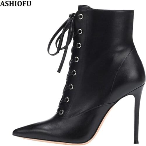 ASHIOFU Handmade Ladies Stiletto Heel Boots Cross Shoelace Party Prom Ankle Boots Ballets Toe Side-zipper Fashion Short Boots