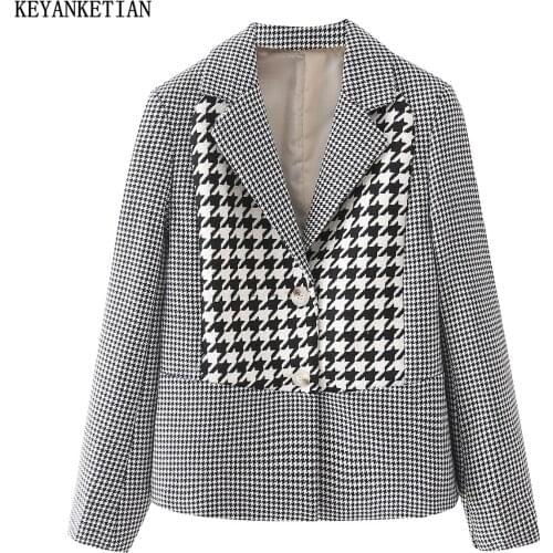 KEYANKETIAN Autumn new womens British style thousand birds plaid stitching long-sleeved suit jacket womens single-breasted sui