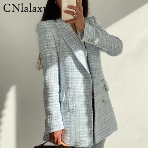 2021 New Spring Women New Casual Tweed Blazer ZA Vintage Office Lady Autumn Jacket Coat double Breasted Outwear Female Chic Tops