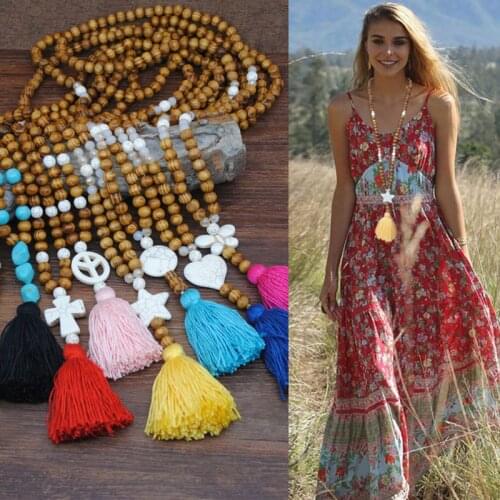 Bohemian Handmade Long Sweater Chain Natural Wood Bead TurquoiseCotton Tassel Long Necklace Women Fashion Jew