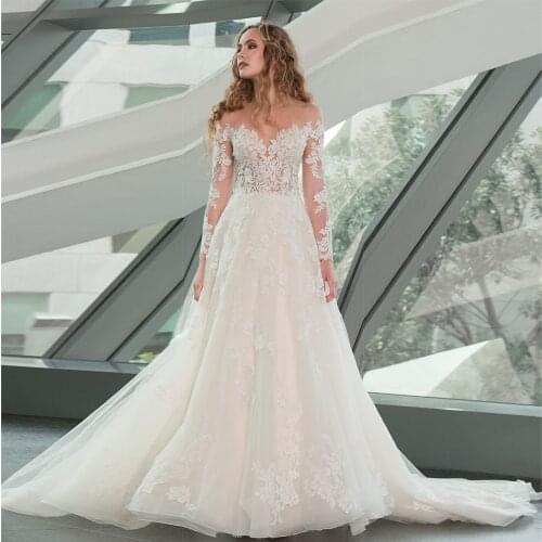 2021 New Illusion Neck Vestido De Noiva White Backless Lace A Line Wedding Dress Cap Long Sleeve Bridal Gowns