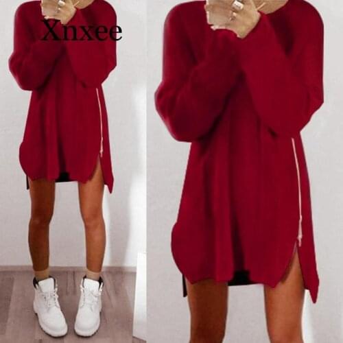 Fashion Women Loose Zipper Solid Pullovers Dress Plus Size Female Autumn Winter Warm Jumper Sweater Long Sleeves Party Dress