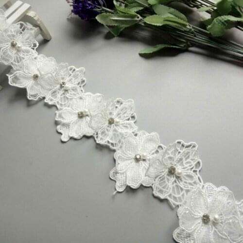 2 yards White Pearl Flower Handmade Beaded Embroidered Net Lace Trim Ribbon Double Layered Applique Dress DIY Sewing Craft