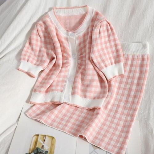 2021 Summer Fashion Womens Suit Girls Color Matching Puff Sleeved Short Button Knitted Top High Waist Skirt Plaid Set