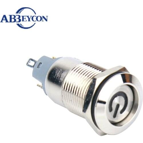 ABBEYCON 12mm IP65 Waterproof Latching 12V Blue Power Symbol Led Illuminated Electrical Push Switch Metal Shell Button Switch