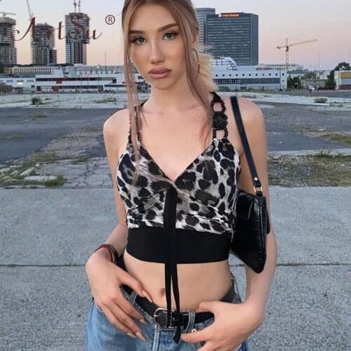 ArtSu Black Slim Sexy Bandage Pearl Beading Chain Halter Summer Tank Tops Backless Women Leopard Print Crop Top Streetwear 2021