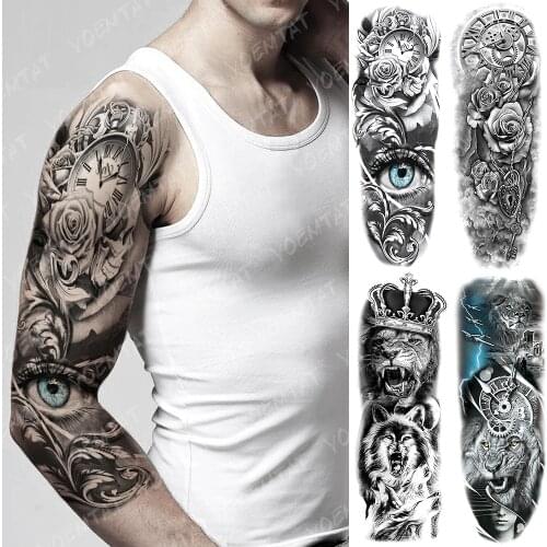 Large Arm Sleeve Tattoo Rose Gear Clock Eye Waterproof Temporary Tatto Sticker Lion Wolf King Body Art Full Fake Tatoo Women Men