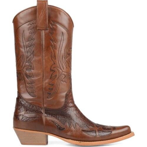 FootCourt Brown Genuine Leather Long Cowboy Boots Mid-Calf Leather Sole High Motorcycle Boots Embroidered Men Retro Riding Boots