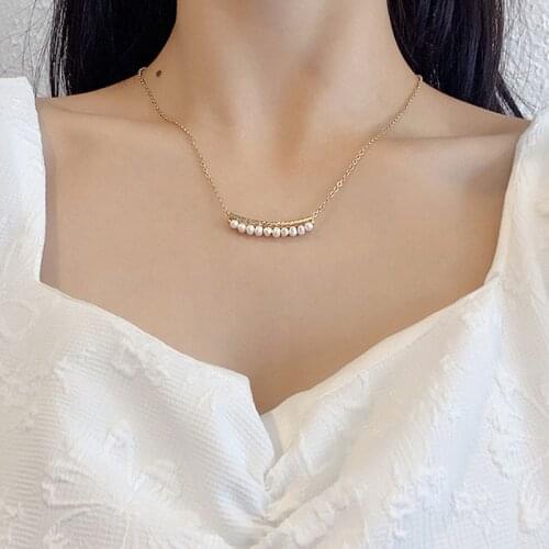 Titanium Steel Thin Chain Romantic Pearl Beaded Bent Tube Pendant Necklace for Women Choker Collares Vintage Jewelry Gift C318