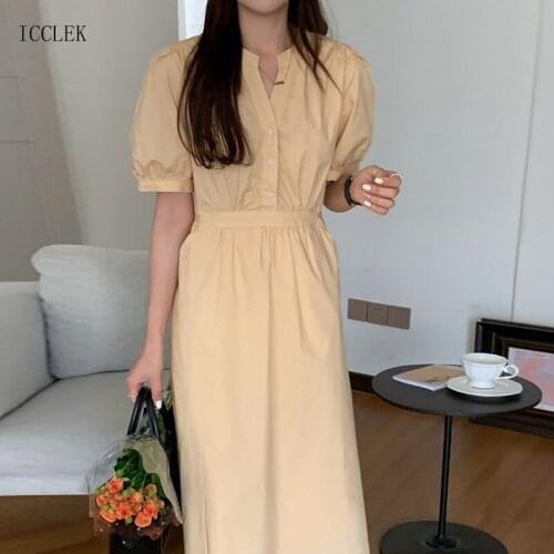 French elegant V-neck waist slim lace-up puff sleeve midi dress 2021 Summer One-Piece Korean Womens Casual Ladies Office Dress
