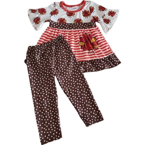Hot sale baby girls designer clothes outfits thanksgiving turkey print kids girls boutique clothing outfits girls clothing sets