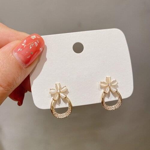 Cute Opal Flower Decor Rhinestone Oval Stud Earrings for Women Korean Trendy Kpop Earrings Fashion Small Jewelry Wholesale MS240