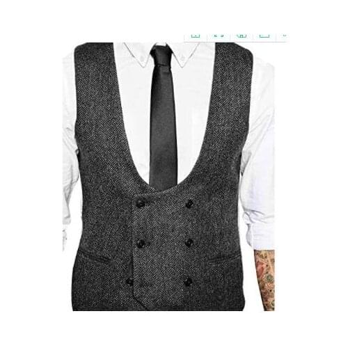 Mens custom dark gray tweed suit vest Slim fashion autumn and winter double-breasted vest