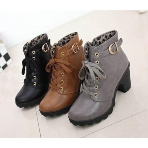 New 2021 Winter Boots Women Basic Ankle Boots Woman Round Toe Hoof Heel Boot Female Shoes Warm Lace Up Boots Botas Mujer