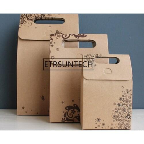 300pcs Handle Gift Box Kraft Paper Bag Wedding Favor Candy Boxes Craft Bakery Cookies Biscuits Package