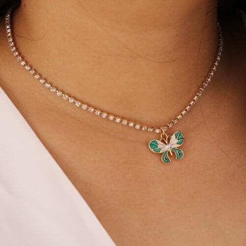 Simple Creative Rhinestone Chain Butterfly Pendant Choker Necklace for Women Vintage Geometric Clavicle Necklace Jewelry YN1650