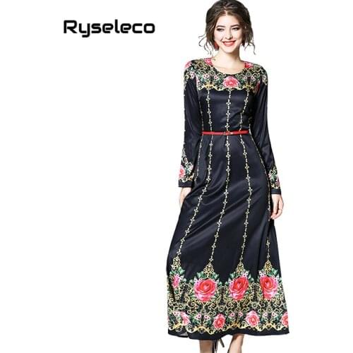 Ryseleco New Chinese Style Long Sleeve A-Line Royal Flower Print Women Dress Slim Vintage Sashes Long Sleeve Party Flare Vestido