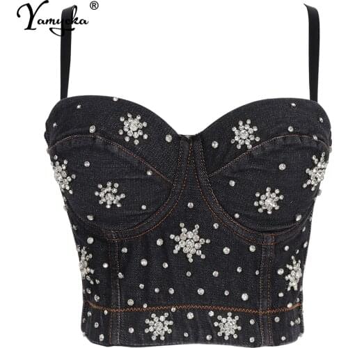 Sexy halter denim Rhinestone corset crop top women summer party bustier tank y2k top Push Up bra night club Cropped womens tops