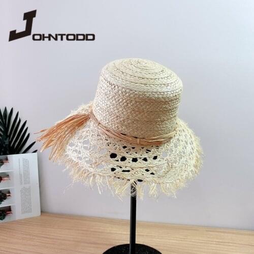 Handmade Womens Summer Sun Hat Beach Raffia Straw Hat Black White Bow Ribbon Ribbon Hat Temperament Flat Straw Hat Outdoor cap