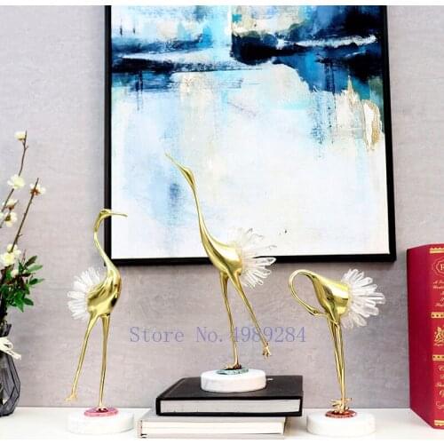 Modern Simulation Animal Crystal Crane Bird Copper Crafts Sculpture Home Living Room Desktop Decorations Miniature Figurines