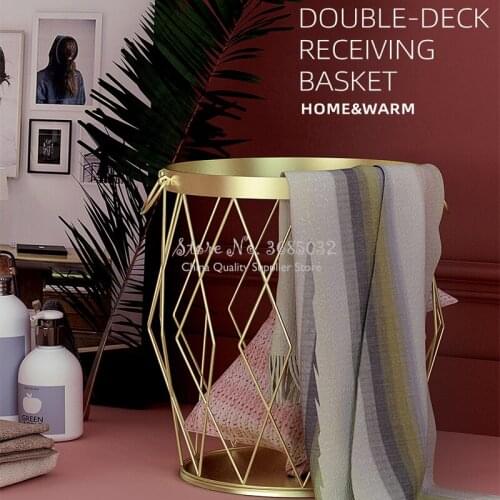 Stylish Golden Color Dirty Clothes Storage with Handle & Wheels Home Creative Metal Organizer Steel wire dirty clothes basket